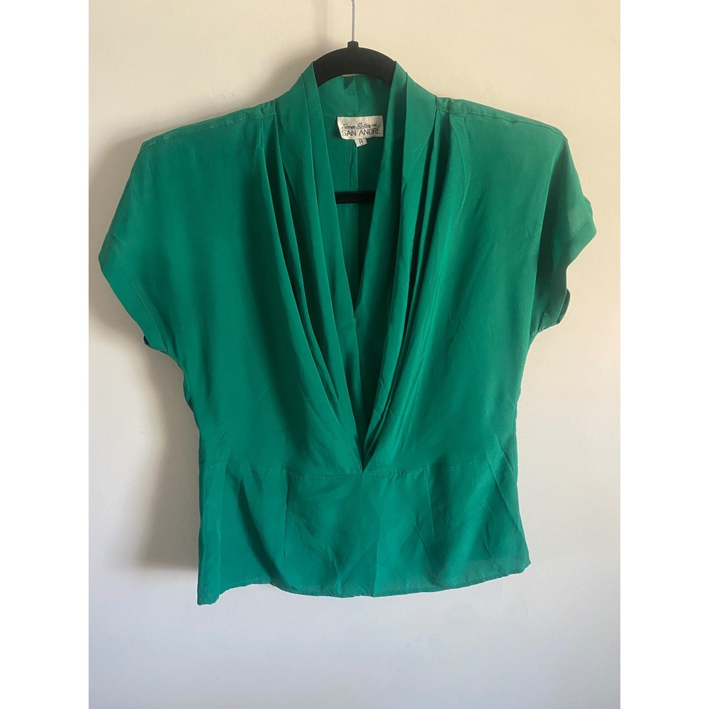 Sonya Ratay for San Andre Vintage 80s Emerald Green Pleated V-Neck Blouse Sz 8